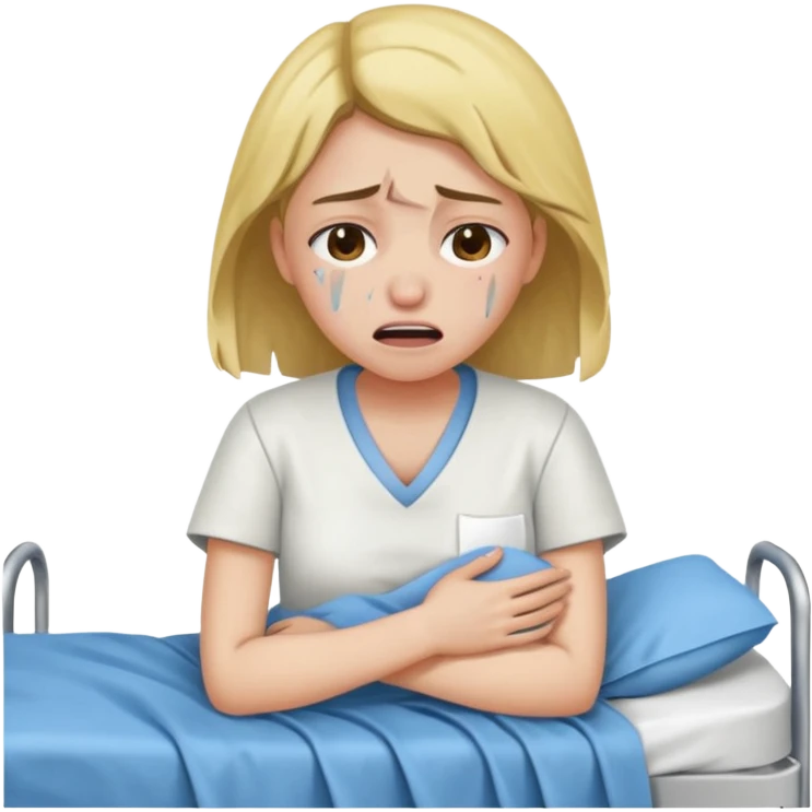 Mulher jovem chorando muito em cima de uma maca de hospital com as roupas rasgadas emoji