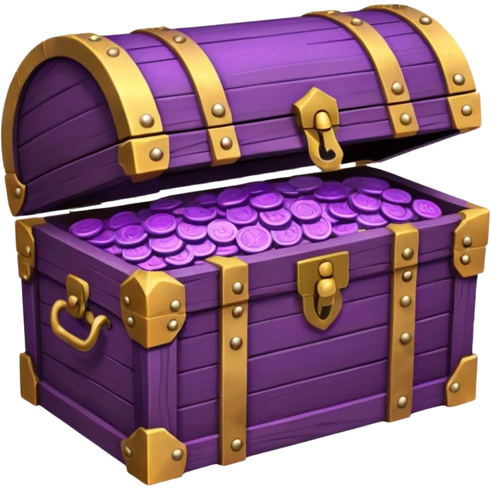 wooden brown treasure chest filled with  purple coins pack in gradient emoji