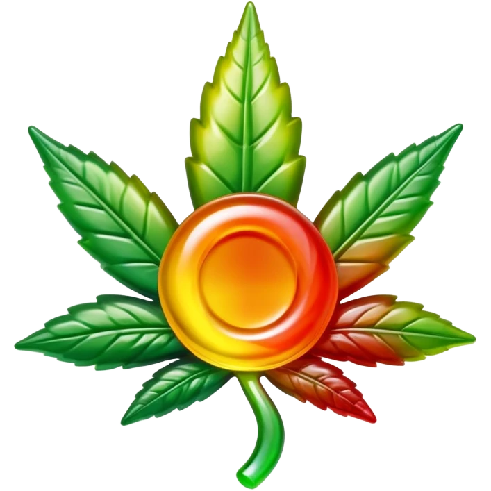 colorful shiny gusher gummy shaped like a cannabis leaf with a bite mark showing the liquid center emoji