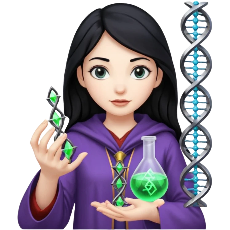 Female wizard with black hair holding a double helix DNA one hand and a methyl group in the other emoji
