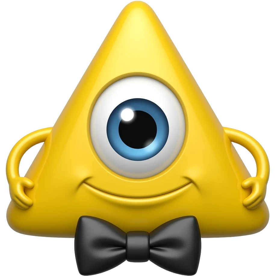 Um triângulo amarelo SEM BOCA, sem boca, com um olho, gravata borboleta, bracinhos emoji