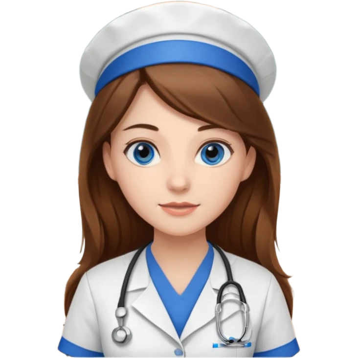 inside a classroom at university that says nursing school on the board with a pretty female nursing student with long brown hair, blue eyes emoji