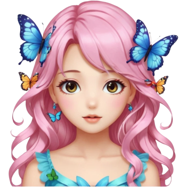gorgeous shiny blushing anime lady with butterflies and beautiful hair fairycore high quality detailed vogue trending aesthetic emoji
