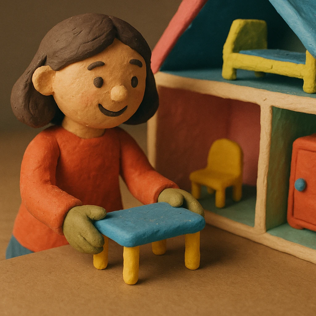 smiling girl arranging furniture in doll house emoji