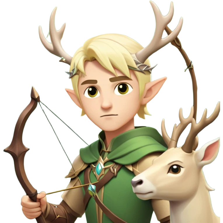 clash-of-clans-aesthetic-blond-male elf-archer-portrait-emoji, rendered in a flat, vector-style with minimal shading and bold holding his bow, simplified shapes, head tilted slightly forward with a determined, focused expression, riding a majestic white stag whose antlers glow with mystical energy, set against an ancient, enchanted forest backdrop. emoji