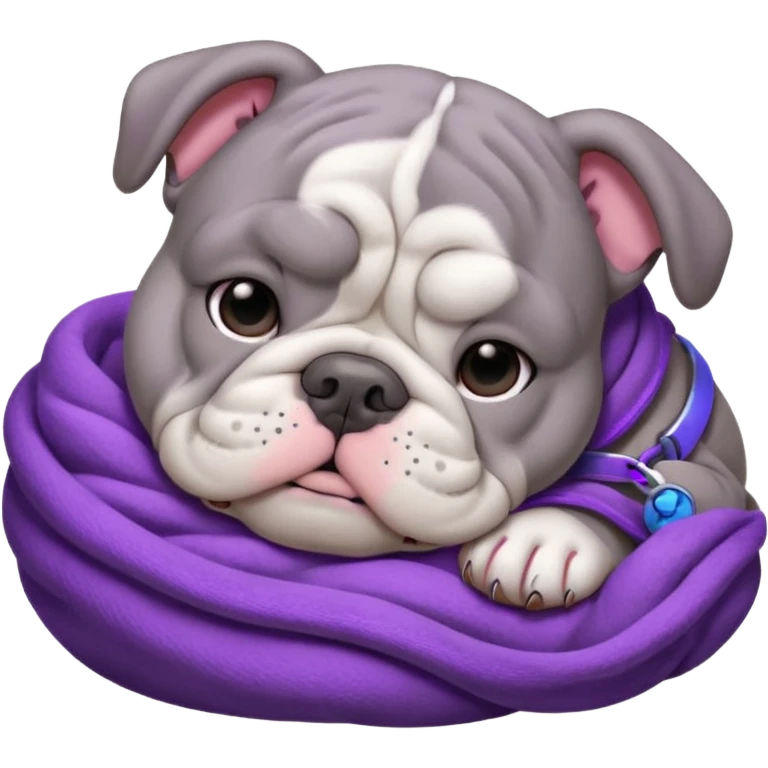 gray bulldog puppy sleeping with a purple collar on emoji
