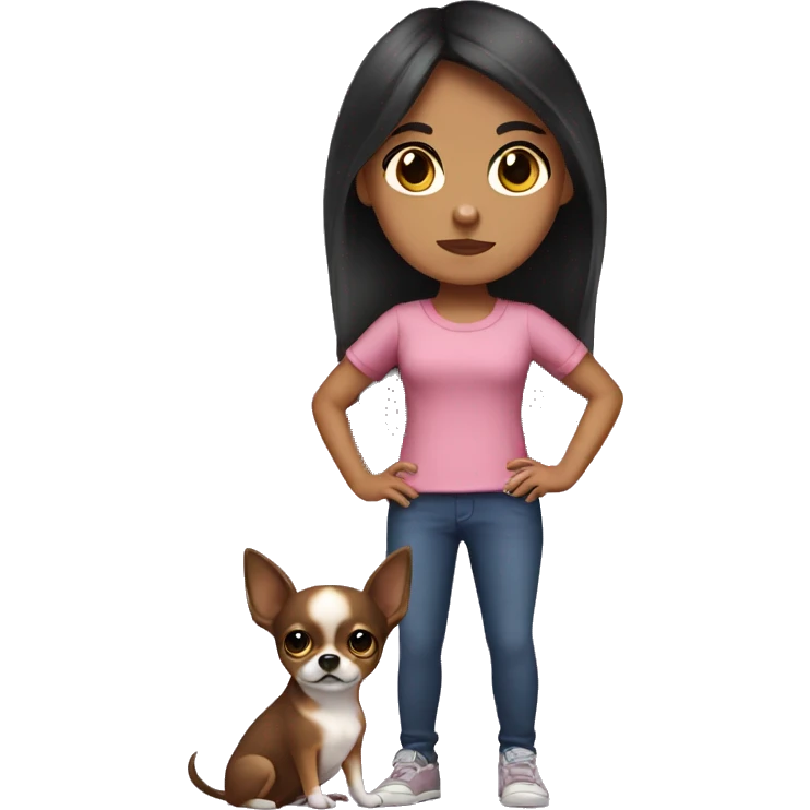 A girl with dark hair and dark eyes and a chihuahua in her arms emoji