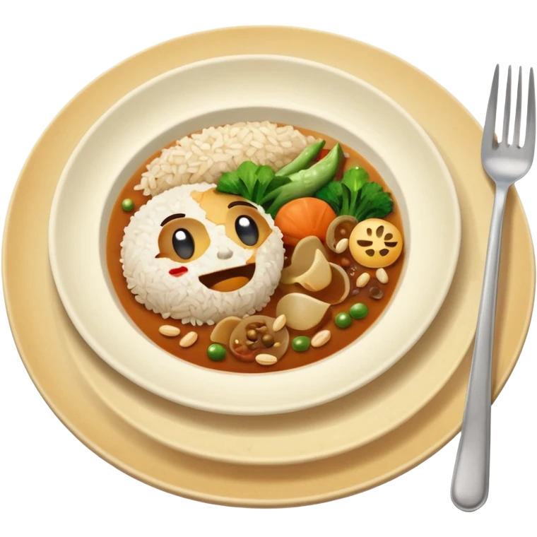  dirty plate after eating, leftover food scraps, vegetable pieces, rice grains, sauce stains on the plate, fork and spoon placed beside the plate, no face, no character, no human features, realistic food leftovers, clean and simple background, soft lighting, high quality, emoji style emoji