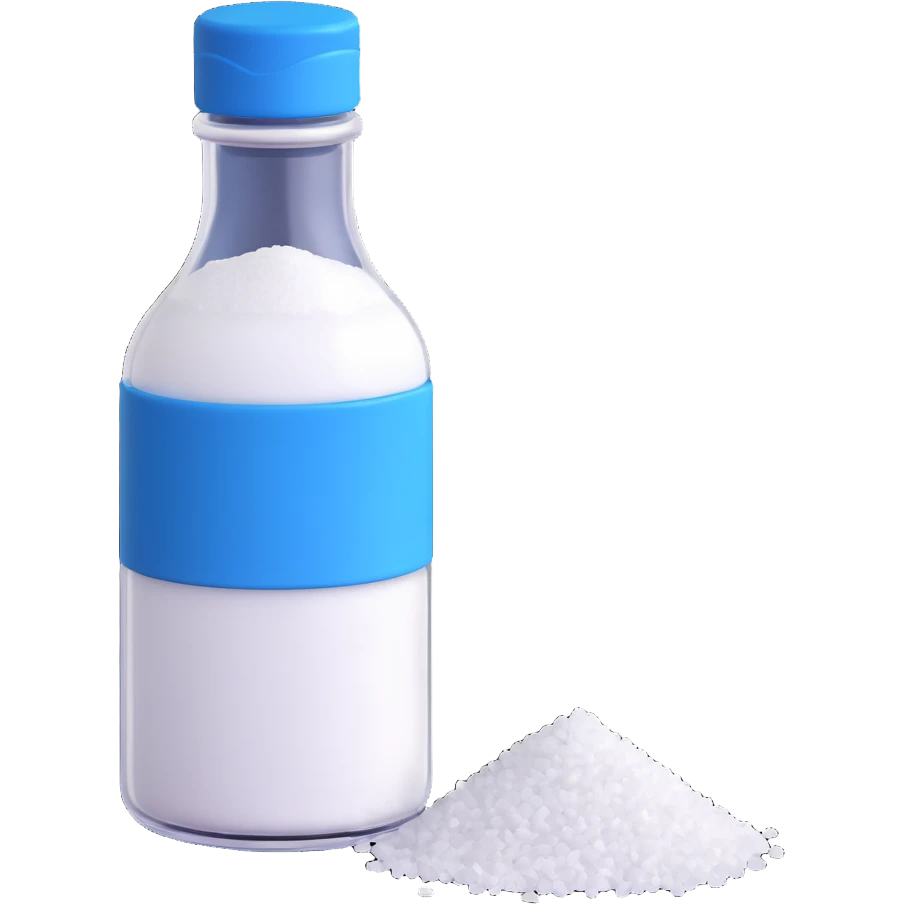 3D style salt bottle, cartoonish, blue cap, transparent body, white salt, playful look emoji