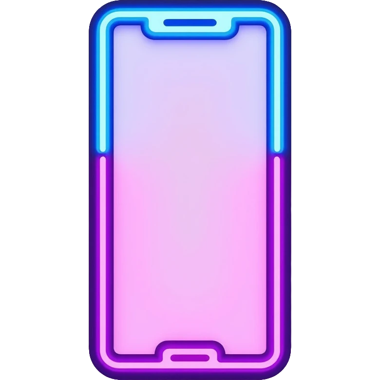 smartphone screen showing video tutorial interface, pink and light blue colors, with neon glow lines, blue neon light on top left, purple neon light on bottom right emoji