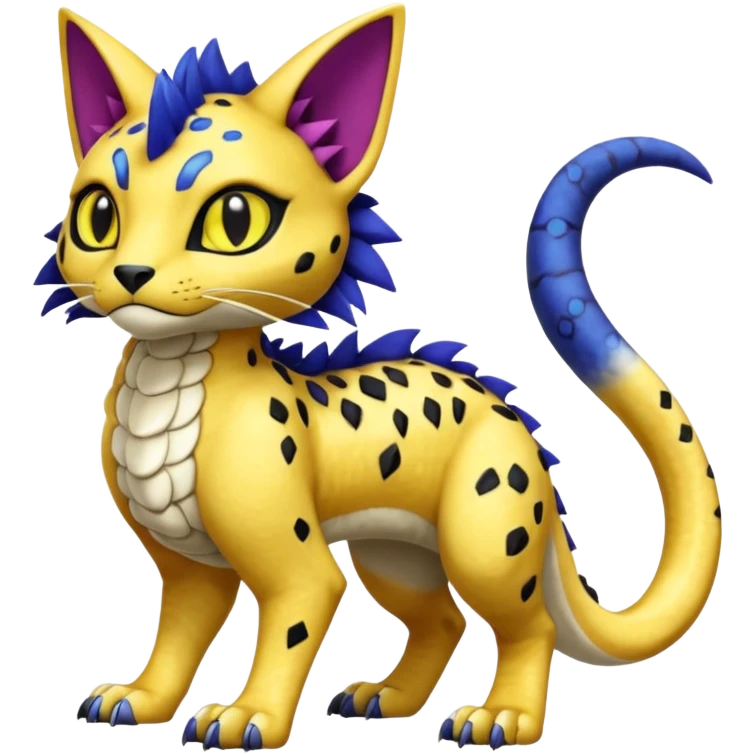 Egyptian furry hyper-realistic colorful with black rosette-splotches, scaley Bastet-Liepard-Noibat-Gatomon-Garchomp-Digimon-Fakémon-Pokémon-creature (full body) emoji