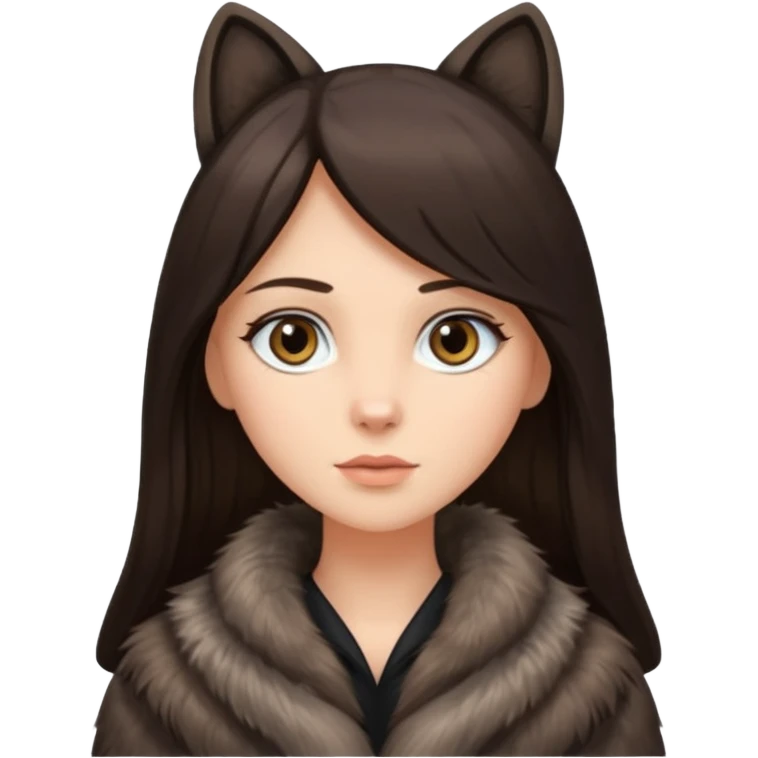 Long straight dark hair brunette with grey eyes wearing fur coat emoji