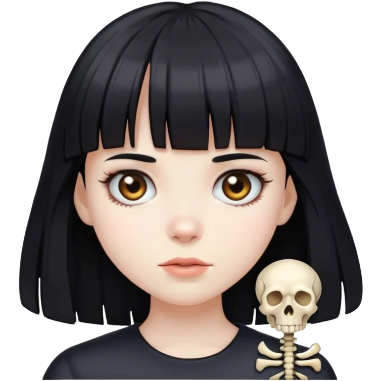 girl with black hair with bangs and a bones clip emoji