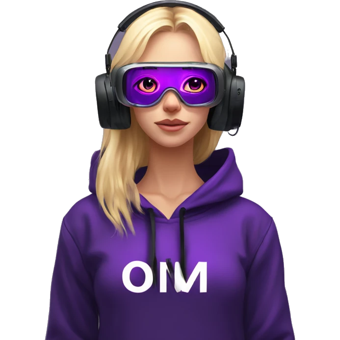 Russian cute blond student girl wearing black hoody with violet letters "OMG", in vr headset. No eyes. Cyberpunk style. Violet neon. emoji