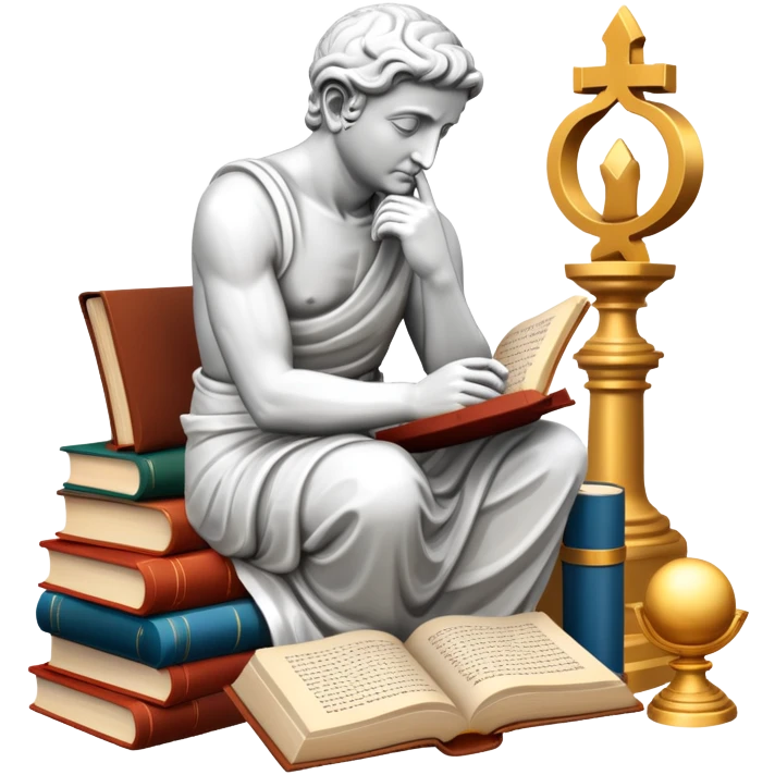An icon featuring a thinker statue, a scroll, symbolizing philosophy. The design includes books and abstract symbols representing deep thought and wisdom. Transparent background highlights the study of ideas, logic, and existential questions emoji