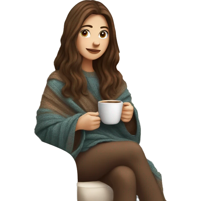 Brunette white girl covered in blanket autumn vibe wearing sweater sitting on a cozy chair holding coffee emoji