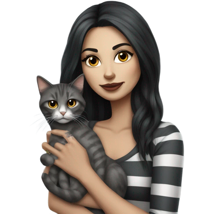 Beautiful dark haired tattooed woman holding gray and white stripe long haired cat emoji