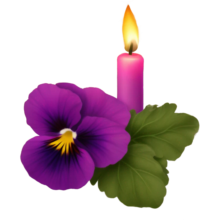 A handwritten letter with deep pink pansies and a flickering ornate violet  candle emoji
