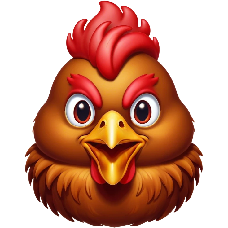 Cinematic Comical Brown Chicken Portrait Emoji, Head tilted dramatically with an exaggeratedly amused expression, featuring a striking, glossy brown plumage with a vibrant red comb, wide, expressive beady eyes filled with playful disbelief, Simplified yet hilariously expressive features, highly detailed, glowing with a slightly sassy glow, high shine, dramatic yet playful, stylized with an air of cheeky mischief, bright and endearing, soft glowing outline, capturing the essence of a spirited and over-the-top chicken, so meme-worthy it feels like it could cluck its way into internet fame instantly! emoji