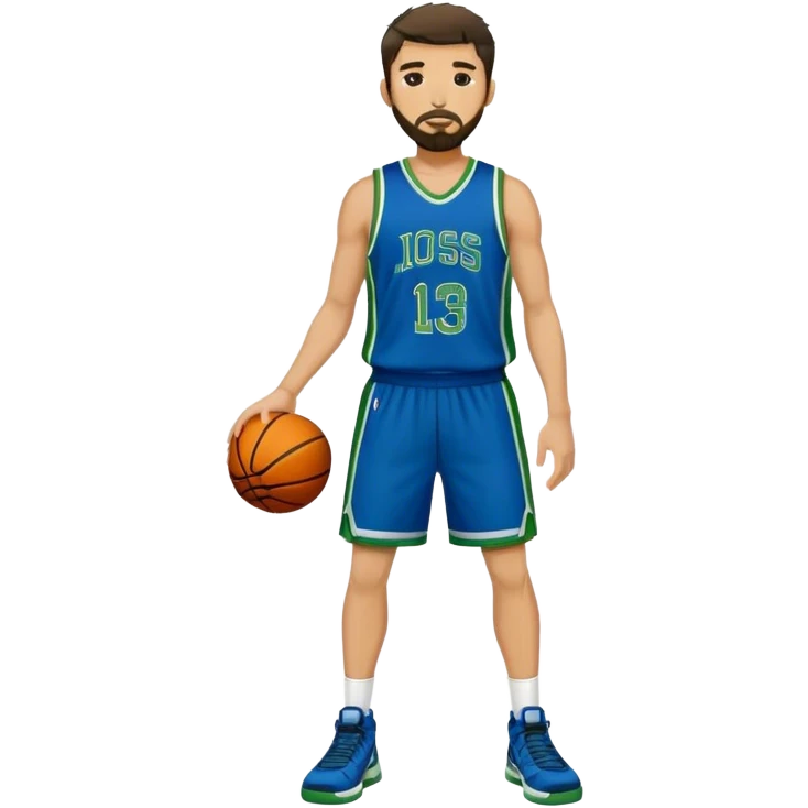 Full Body  white male basketball player with short dark shaggy hair and goatee beard wearing blue and green uniform emoji