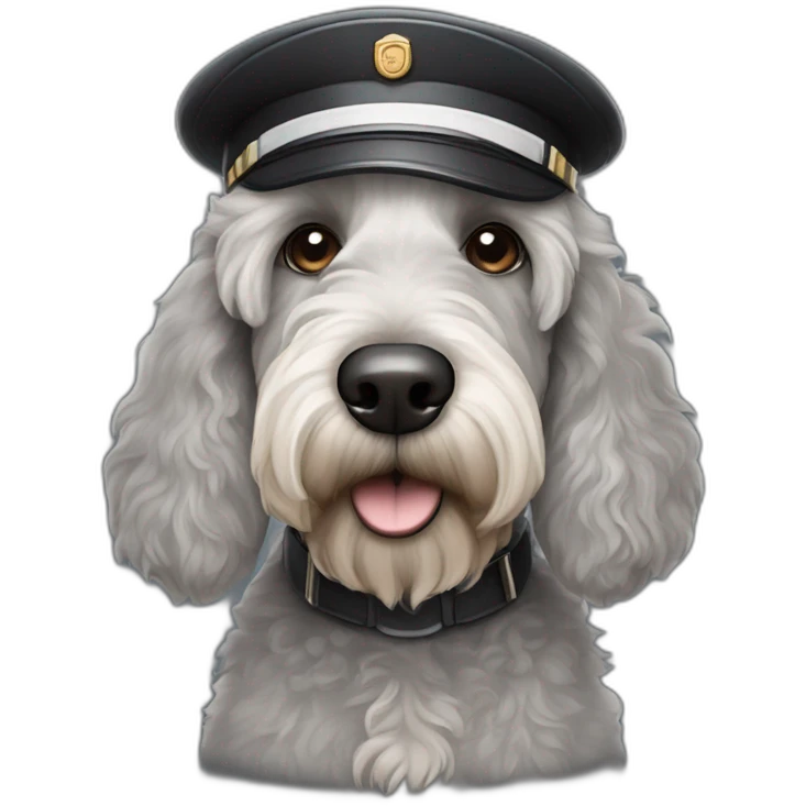 sad grey and black labradoodle dog's face with and long nose and a pilot cap on emoji