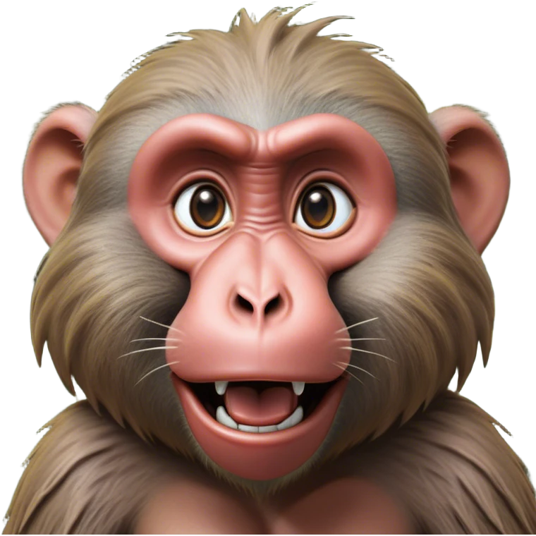 Cinematic Realistic Comical Baboon Portrait Emoji, Head tilted dramatically with an exaggeratedly amused expression, featuring a striking, ruggedly textured face with boldly expressive eyes full of playful disbelief, rendered with vivid, lifelike detail and natural earthy hues, high shine, dramatic yet playful, styled with an air of cheeky jungle mischief, soft glowing outline, capturing the essence of a spirited and over‐the‐top baboon that looks ready to chatter its way into viral fame! emoji