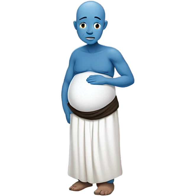 a blue skinned man with a stoic expression , pregnant, rubbing his belly. Bald. Side profile like the pregnant male emojji, cartoonishly simple face, they are rubbing the belly like a pregnant mother, side profile emoji