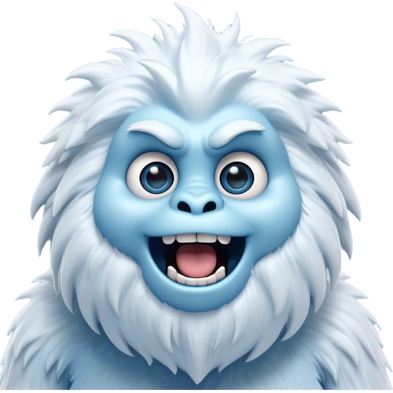 Cinematic Comical Yeti Portrait Emoji, with a cartoonishly exaggerated, fluffy figure in cool, frosty whites and icy blues, head tilted in an overly surprised expression with wide, comically sparkling eyes and a quirky, open-mouthed grin, simplified yet hilariously detailed, glowing with a soft frosty outline capturing the meme-worthy fun of a yeti in playful shock! emoji