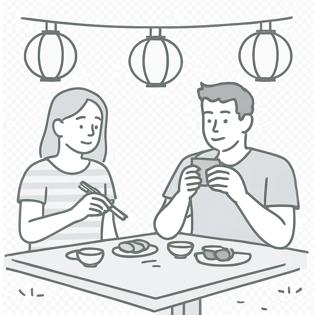 Two people dining at an outdoor Japanese cafe with lanterns overhead, simple clean lines showing small food plates and tea cups, minimal background details emoji