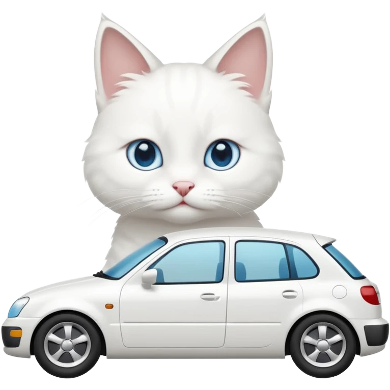 Please create a small emoji the size of 🚗 featuring a pure white cat with blue eyes on a white car viewed from side. Again it is necessary that the emoji must be extremely small, much smaller than a standard sized sticker. emoji