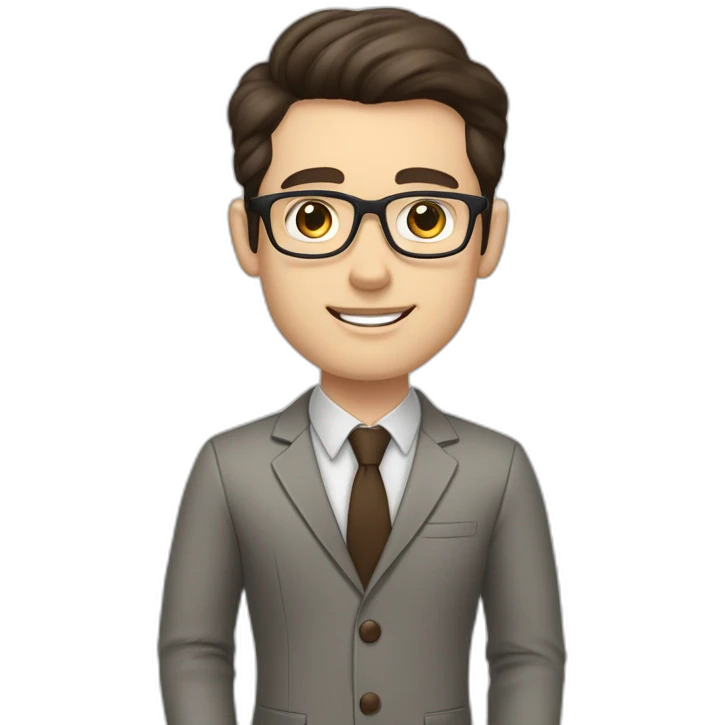 Pale skinned fit man with dark brown hair in gray jacket, beige office shirt, brown tie, brown pants and vintage glasses Writing on the marker board emoji