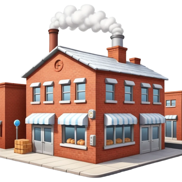 Exterior view of a small cartoon-style bakery factory, red brick walls, a single chimney puffing white smoke, metal pipes running along the walls and roof, cookie crates outside, emoji-style emoji