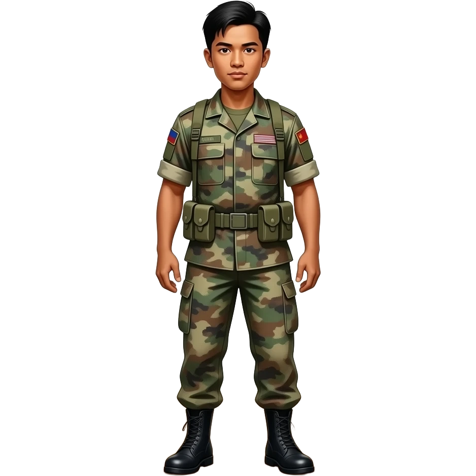 Filipino man army battle dress uniform and black combat boots full body 1990s 2000s without full gear emoji