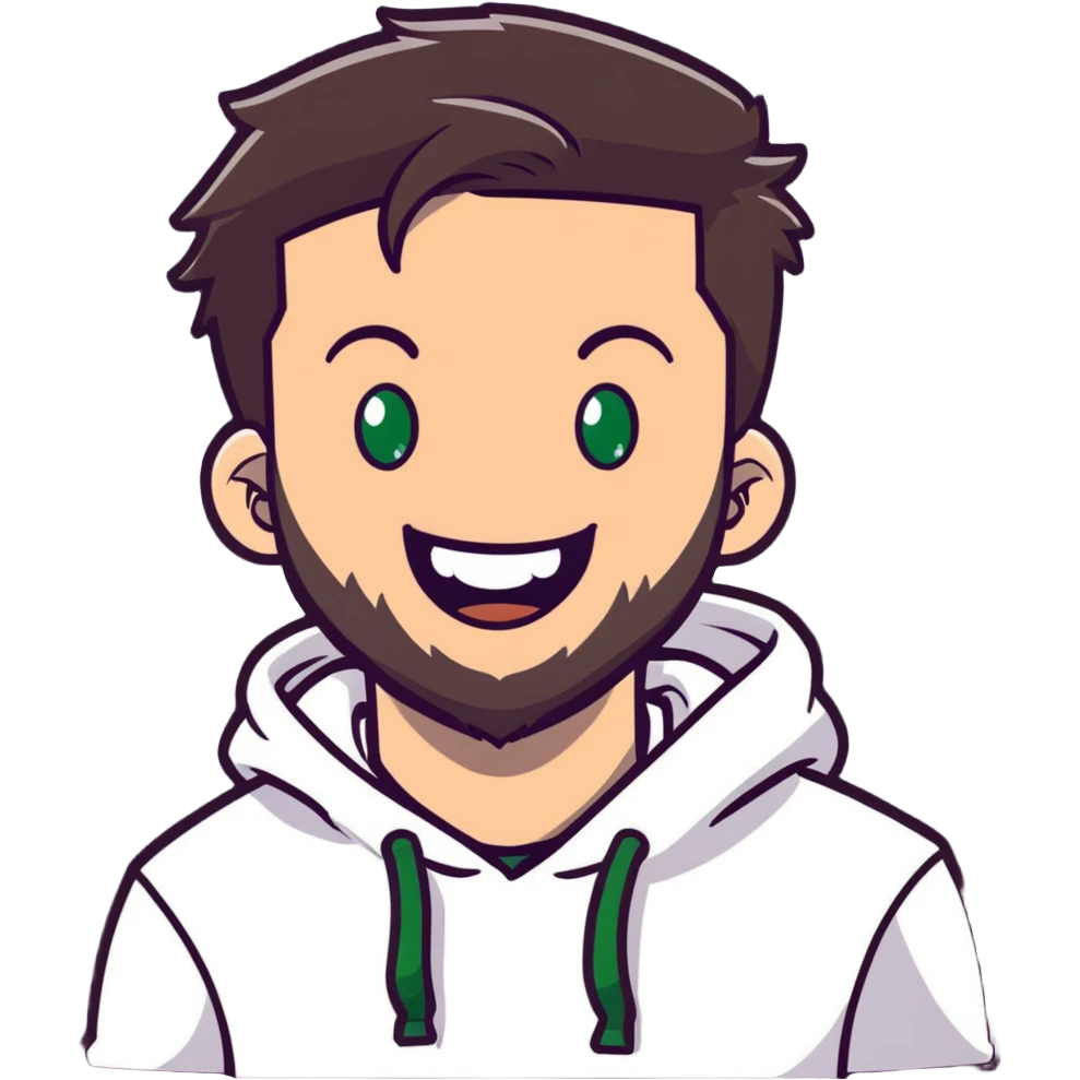 laughing guy with white hoodie, white t-shirt underneath, green eyes, dark brown undercut hairstyle and a short full beard emoji