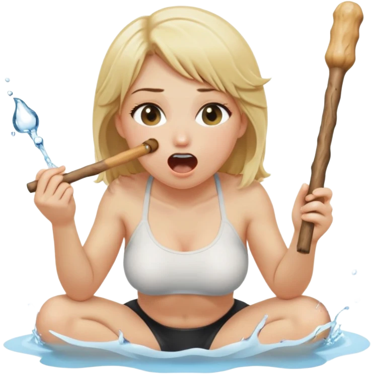 blond woman sitting on her knees, eating a wide stick with a half-round D-shaped knob, both the stick and knob are the same color as her skin, the knob has visible skin texture, water stream squirting from the flat side of the knob into her open mouth, surprised expression emoji
