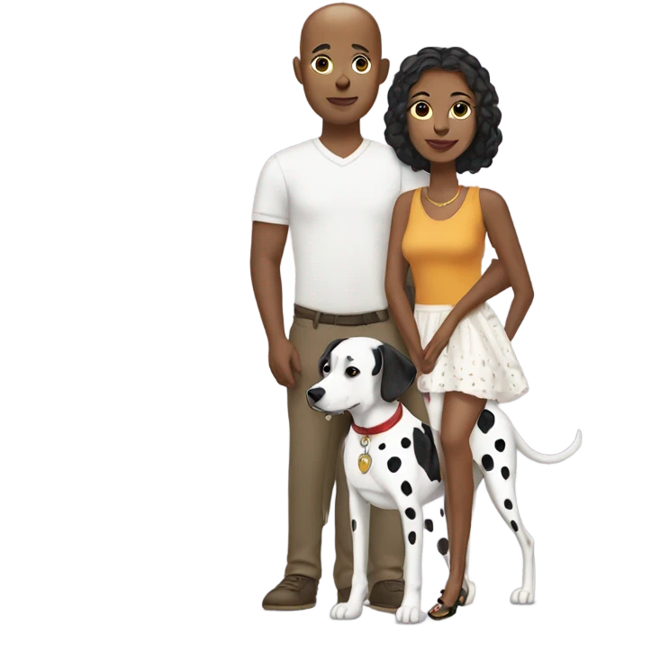 brown-skinned woman with her bald white boyfriend and Dalmatian  emoji