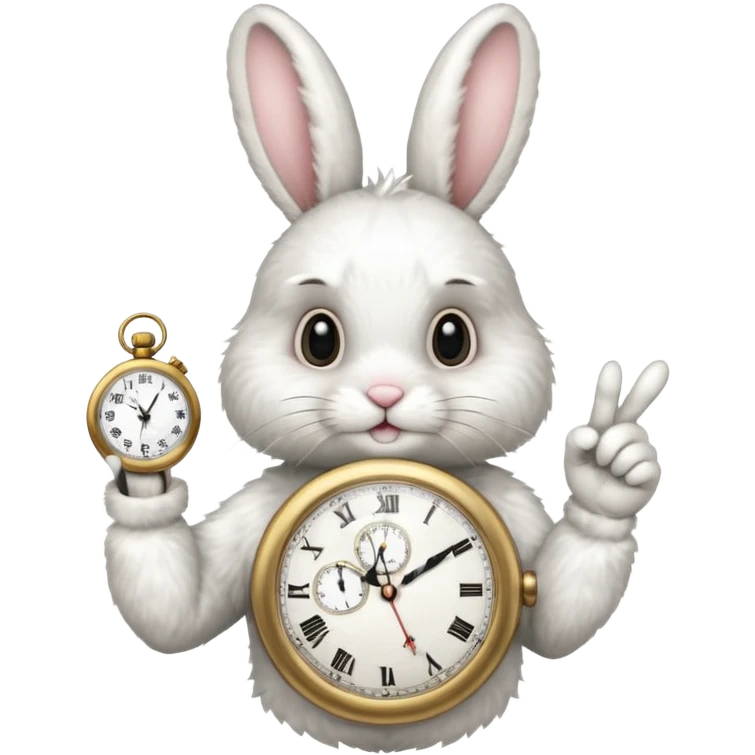 white bunny with a clock on his hand signaling the clock with his finger emoji