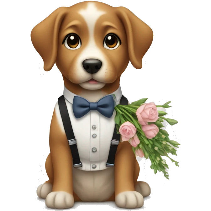 a puppy in suspenders holding a bouquet emoji