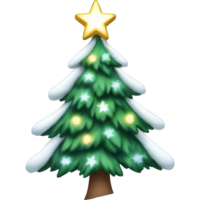 Christmas tree with white lights, a silver star on top, and snow on the branches emoji