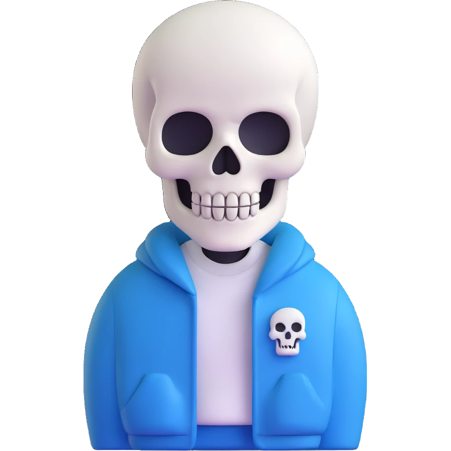 Sans character, white skull, blue jacket, smiling face, popular video game character, simple background emoji