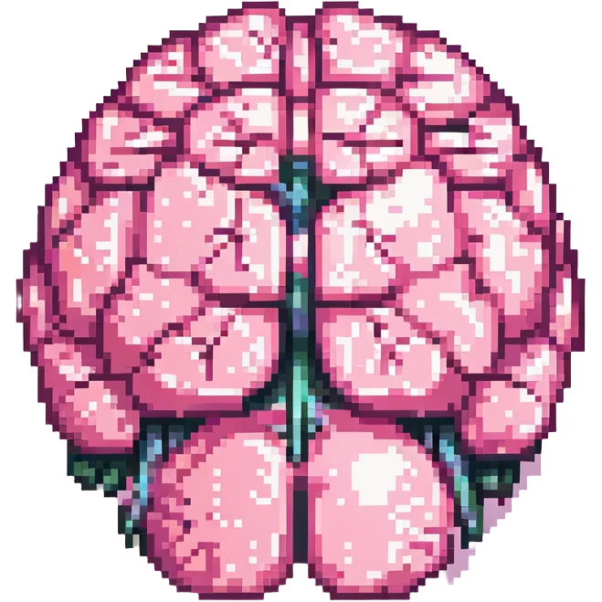 Make this pink melting brain icon more 3D with enhanced depth, shading, and highlights. Keep it fully front facing with pixel art accents. Background transparent. emoji