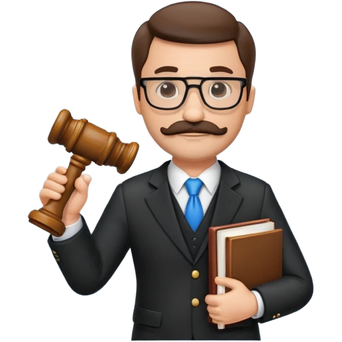 “Create a clean, modern emoji-style illustration of a male lawyer. He is wearing a formal suit jacket. He is holding a judge’s gavel in one hand and has a law book tucked under his arm. He has a mustache and a short beard, and he is wearing glasses. emoji