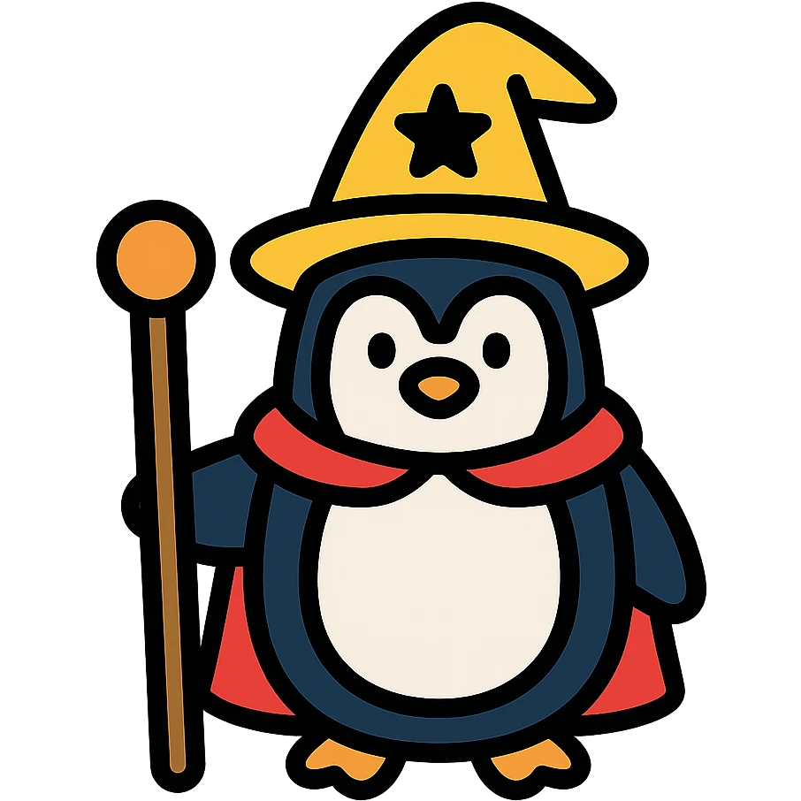 color outline icon of a penguin wizard with a staff emoji