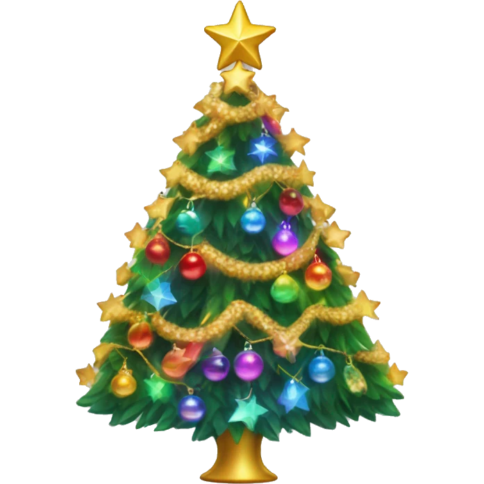 fancy christmas tree with rainbow lights, ornaments, and golden garland strans with a star on top emoji