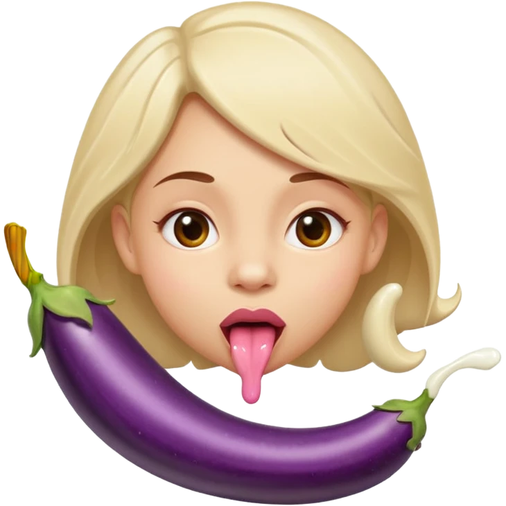 long bent eggplant spilling lots of milk on girls tongue from the side  emoji