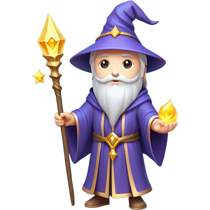Clash of Clans aesthetic: Cinematic Playful Wizard Hero Emoji, rendered in a 3D vector-style similar to standard emojis with minimal shading and bold, simplified shapes. A compact, isometric figure draped in flowing enchanted robes and wielding a mystical staff, softly glowing with an arcane magical charm. Simplified yet unmistakably iconic, highly detailed and consistent, glowing with a soft radiant glow and high shine. Stylized with a touch of whimsical sorcery and a soft glowing outline, capturing the essence of a powerful wizard ready to cast spells with a friendly, playful spirit! emoji