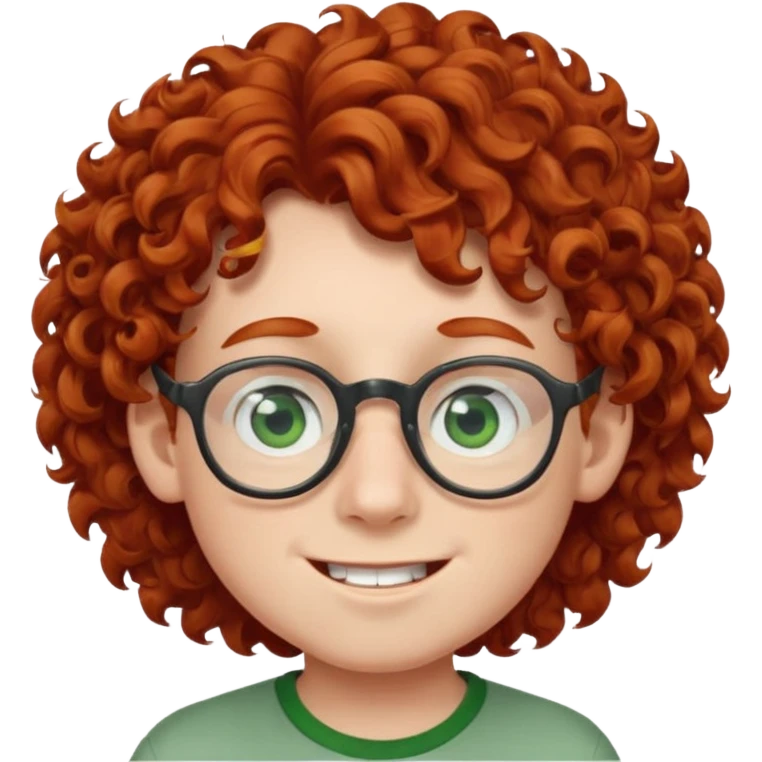 redhead kid with unique face features and very curly hair kid boy happy and big glassess and big nose and very green eyes emoji