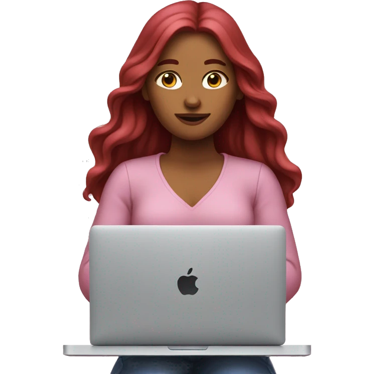 Woman that has Long Dark red hair coding on a pink macbook emoji