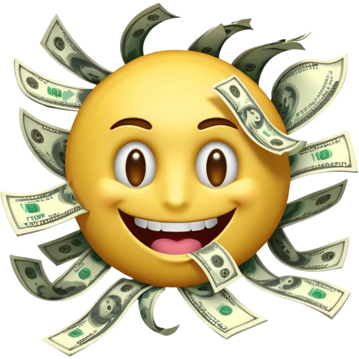 3D glossy emoji sticker, dollar-sign eyes, huge toothy grin, mouth stuffed with US dollar bills spilling out, floating banknotes, centered, solid chroma green background emoji