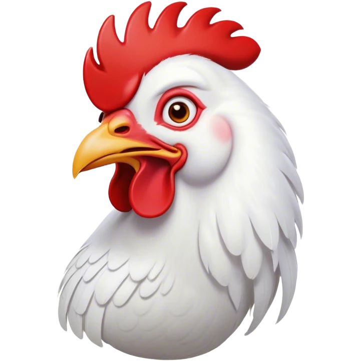 Cinematic Comical White Rooster Portrait Emoji, Head tilted dramatically with an exaggeratedly shocked or amused expression, featuring a striking pure white plumage with a bold red comb, wide, expressive eyes filled with playful disbelief, Simplified yet hilariously expressive features, highly detailed, glowing with a slightly sassy glow, high shine, dramatic yet playful, stylized with an air of cheeky mischief, bright and endearing, soft glowing outline, capturing the essence of a spirited and over-the-top rooster, so meme-worthy it feels like it could crow its way into internet fame instantly! emoji